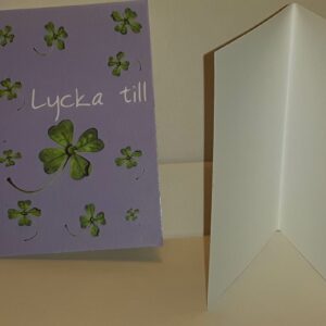Kort LYCKA TILL med klöver Dubbel kort 9,5 x 6,4 kuvert ingår – 5 st kort m kuvert